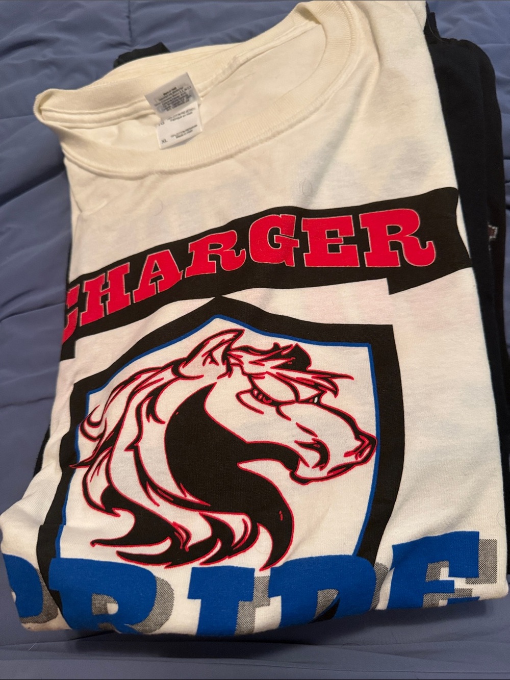 Gildan White Short Sleeve Tee with Red, Black & Blue Charger Graphic